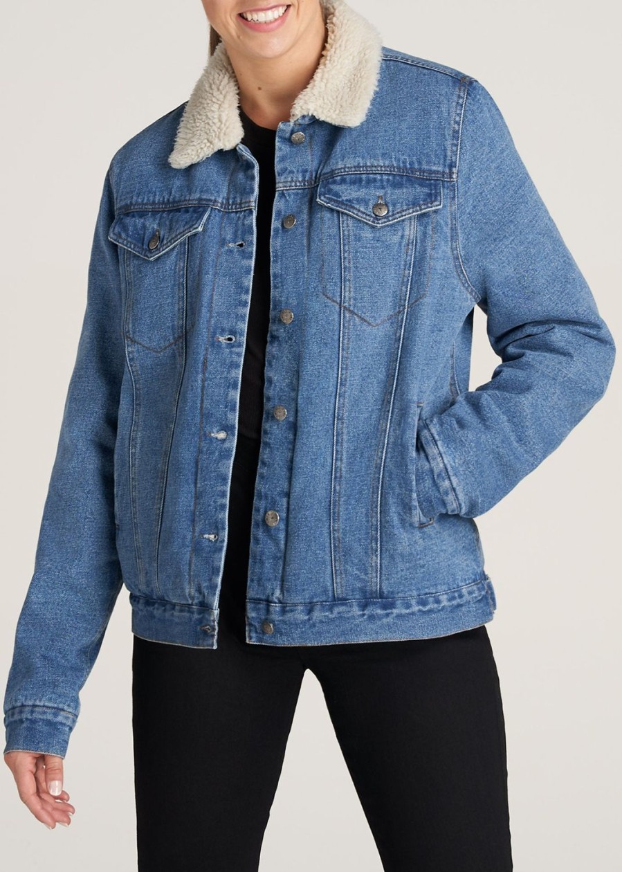 Women American Tall Jackets + Outerwear | Sherpa Denim Jacket In Tall Women'S Jackets Stonewash Blue