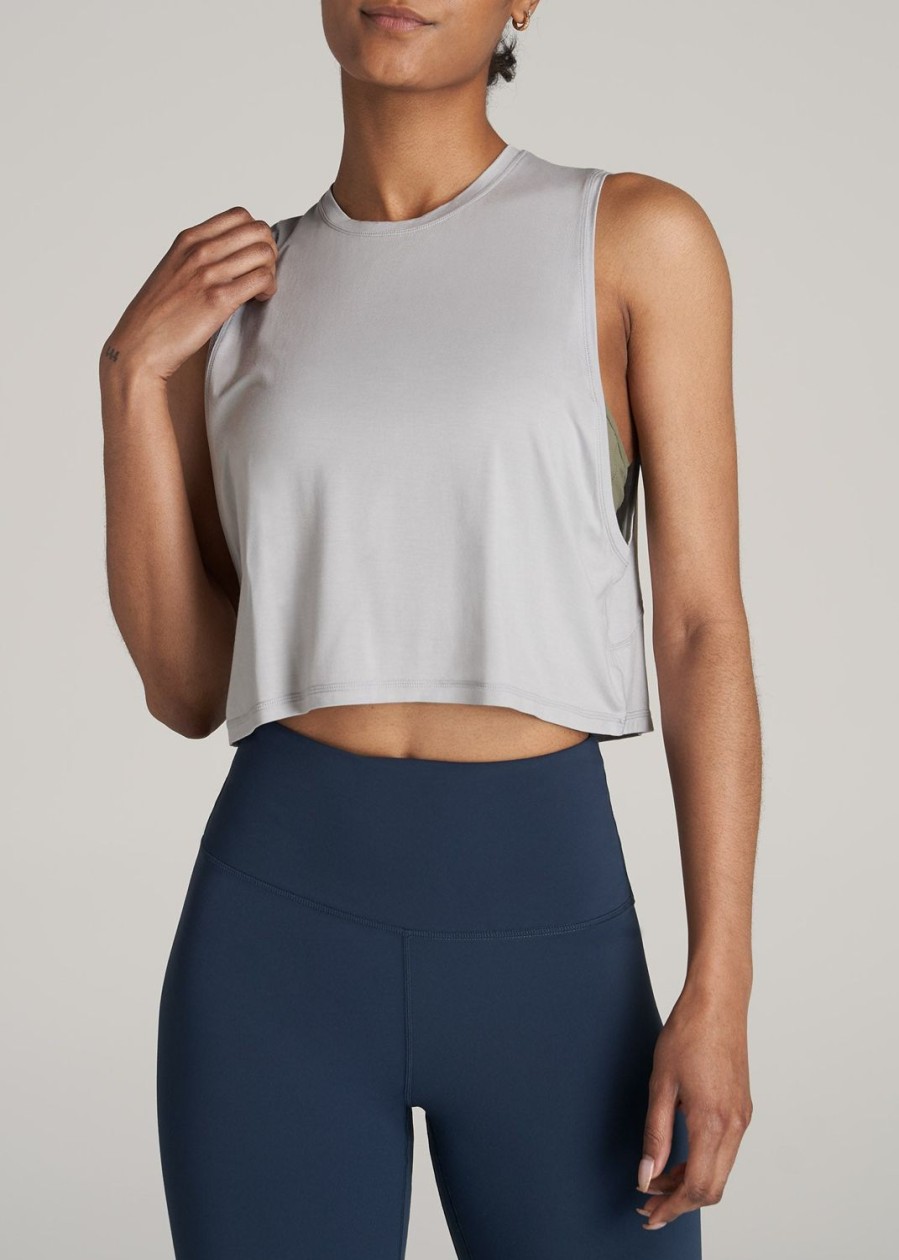 Women American Tall Tees, Tanks + Bodysuits | Athletic Cropped Muscle Tank Top For Tall Women In Silver