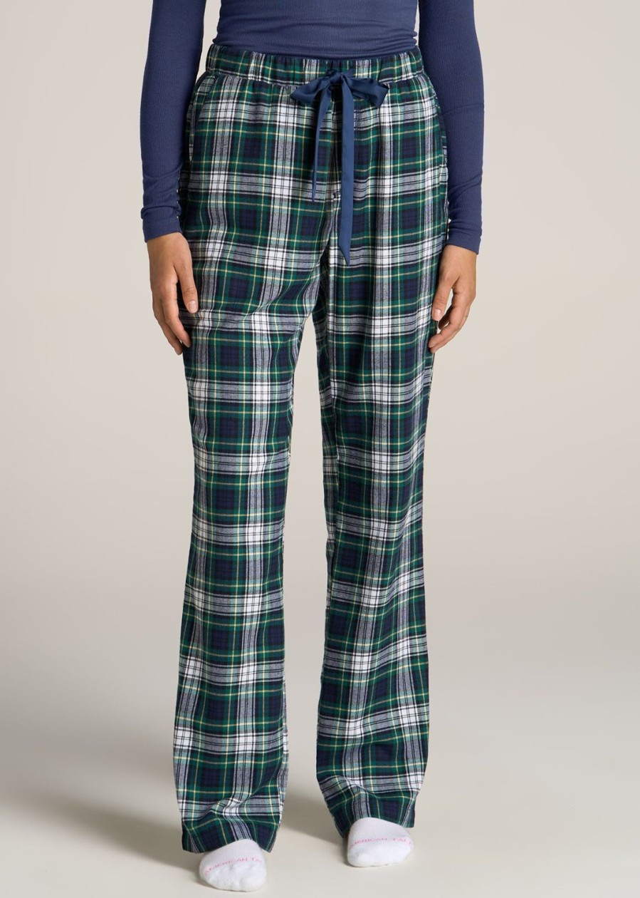 Women American Tall Athletic Pants | Open-Bottom Flannel Women'S Tall Pajama Pants In Green And Navy Tartan