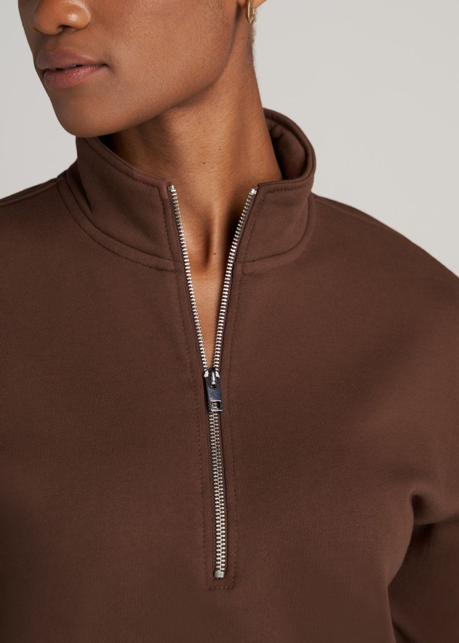 Women American Tall Hoodies + Sweatshirts | Wearever Fleece Cropped Garment Dye Half Zip Women'S Tall Sweatshirt In Rootbeer