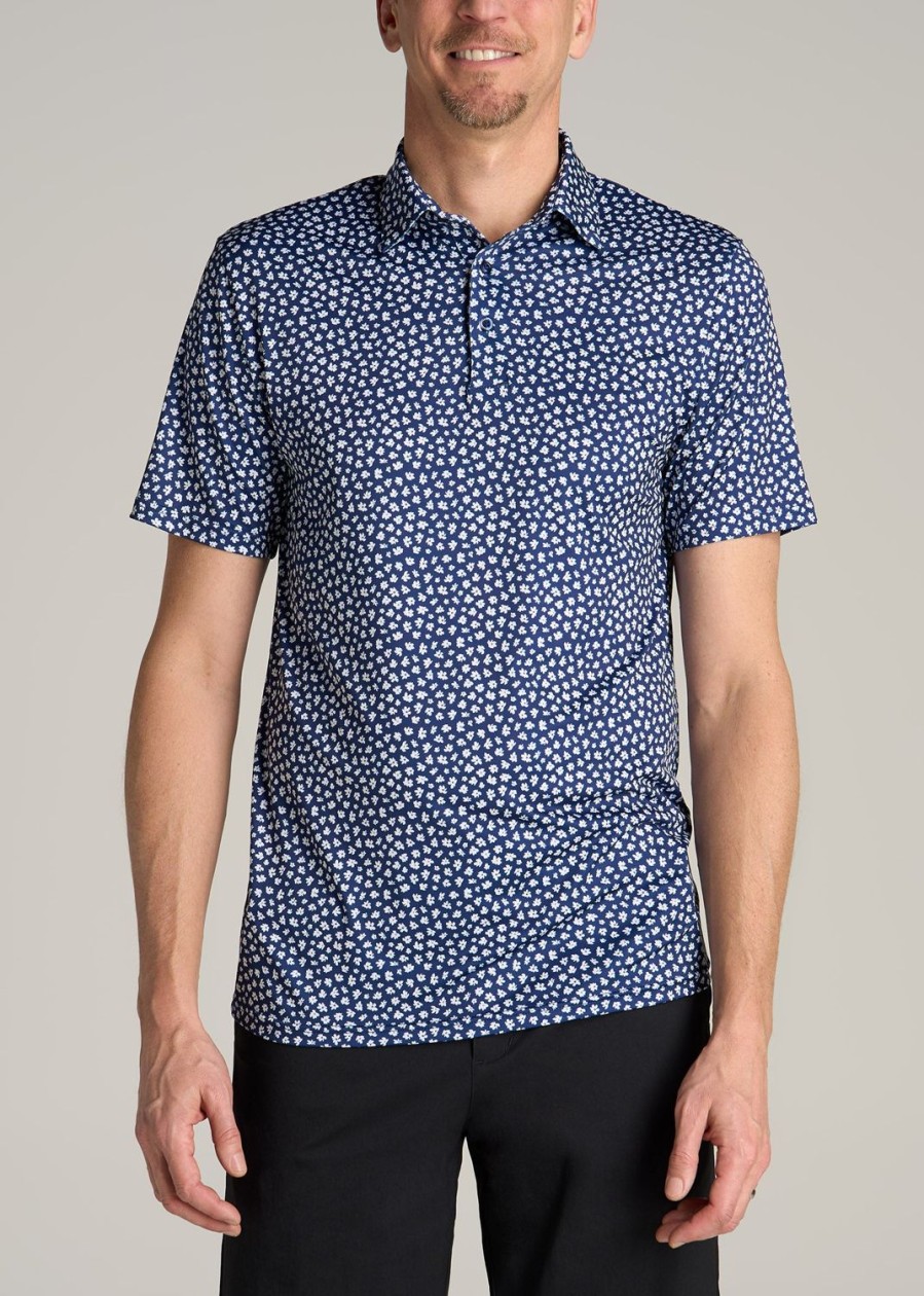 Men American Tall Polos | Golf Performance Print Tall Men'S Polo Shirt In Dark Blue Mini Floral