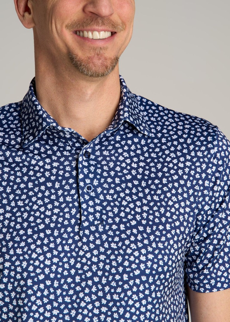 Men American Tall Polos | Golf Performance Print Tall Men'S Polo Shirt In Dark Blue Mini Floral