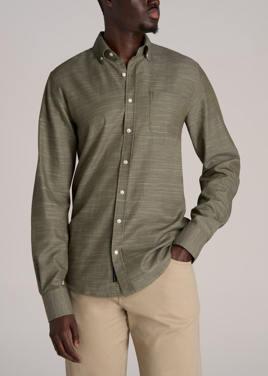 Men American Tall Button Shirts | Textured Weave Cotton Button-Up Shirt For Tall Men In Olive