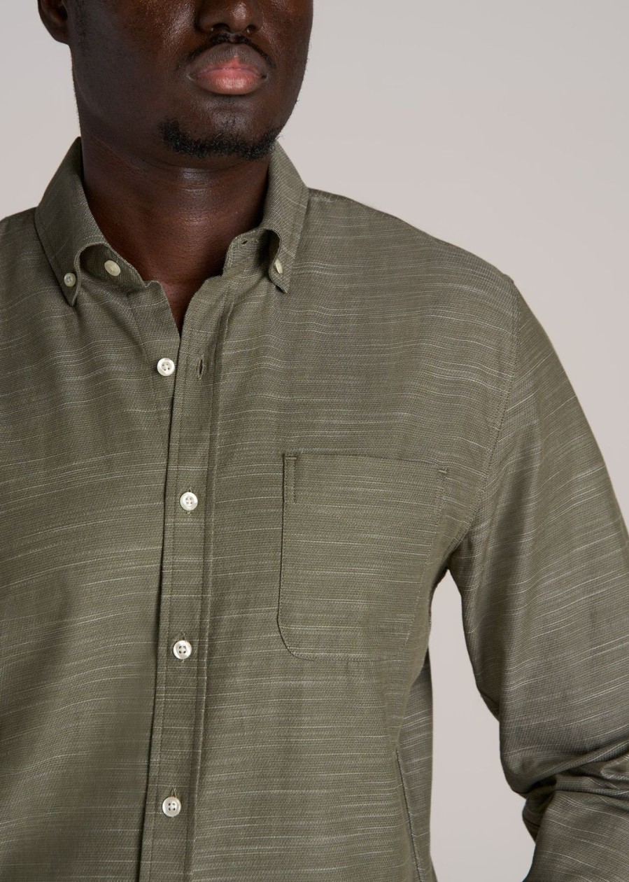 Men American Tall Button Shirts | Textured Weave Cotton Button-Up Shirt For Tall Men In Olive