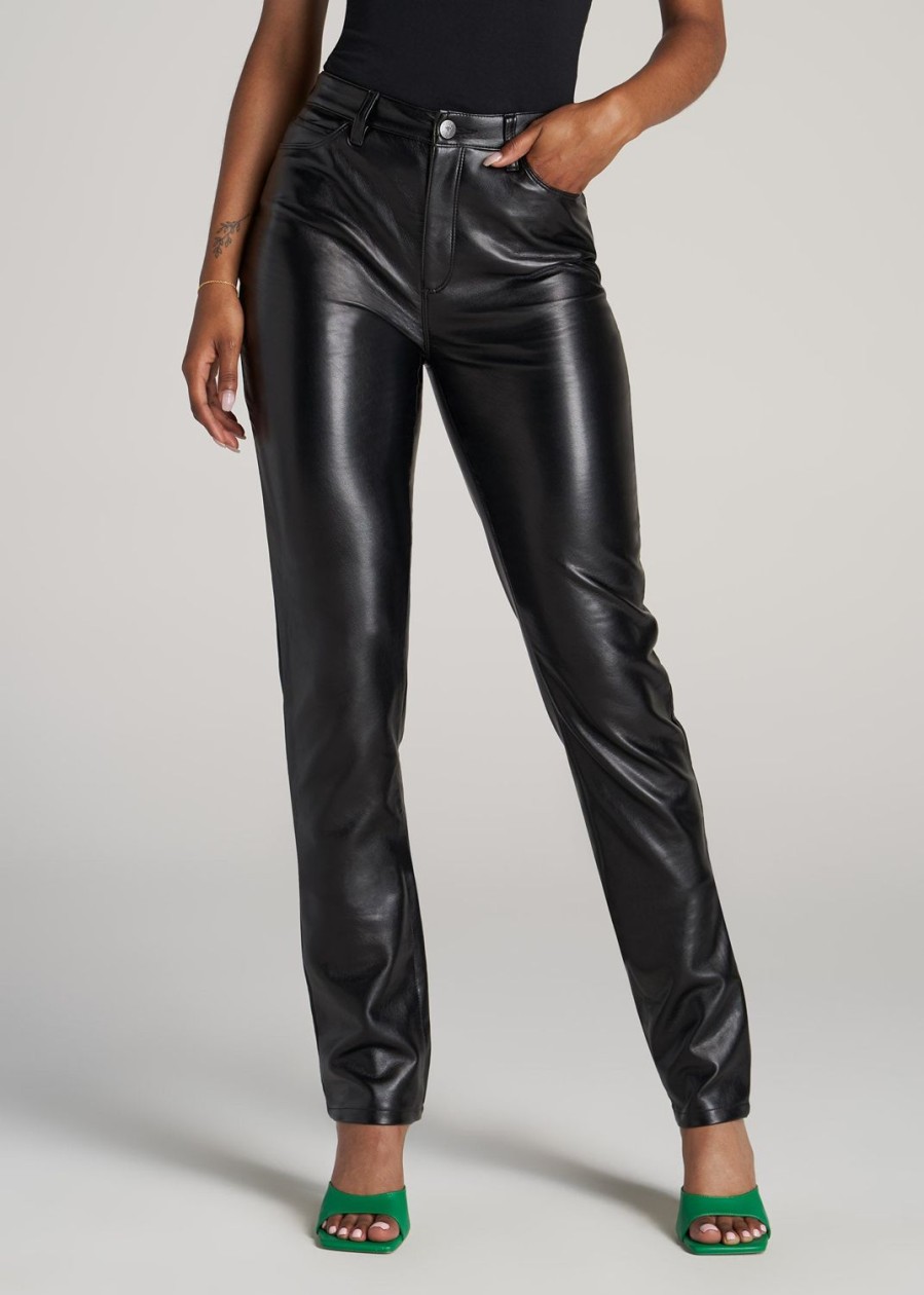 Women American Tall Pants + Trousers | Faux Leather Slim Pants For Tall Women In Black