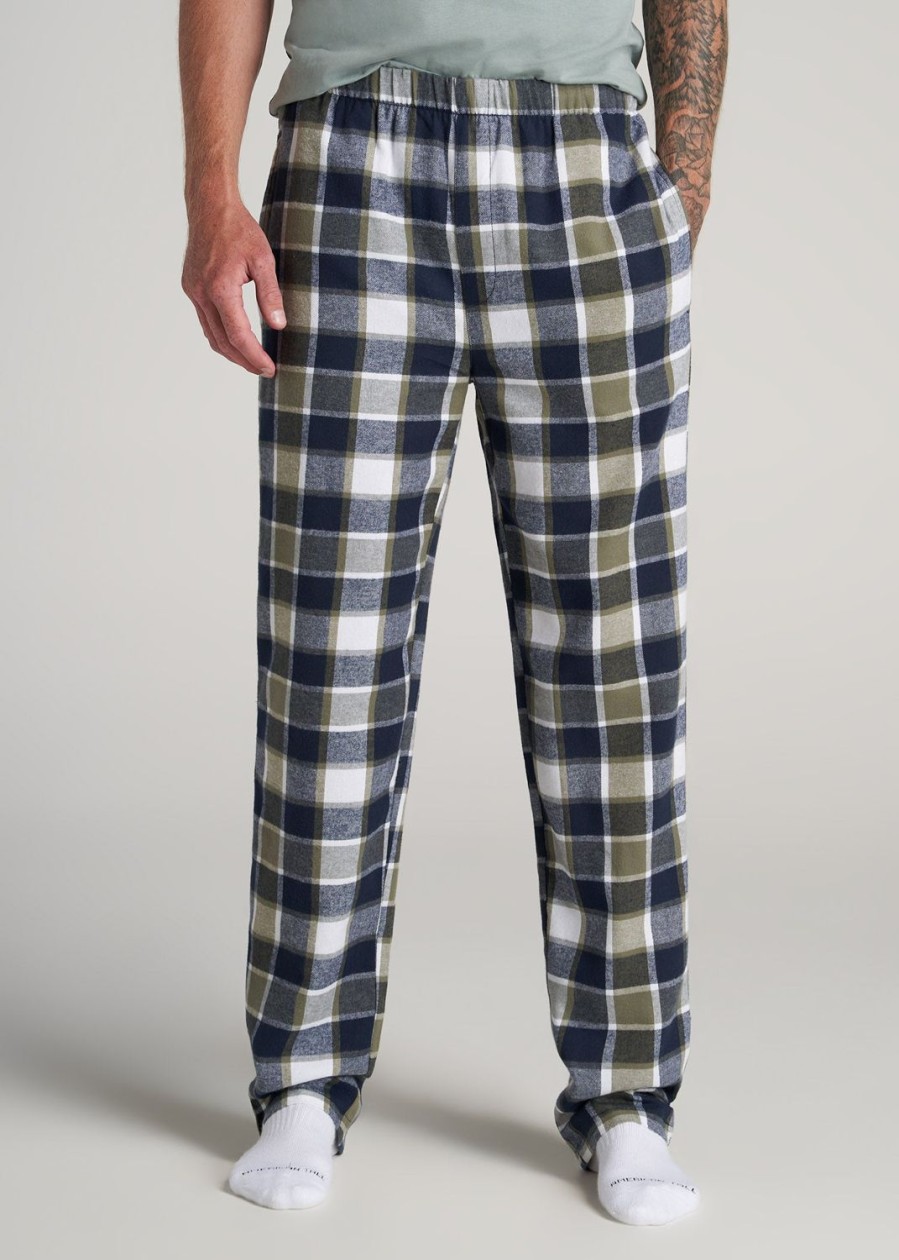 Men American Tall Athletic Pants | Plaid Pajama Pants For Tall Men In Olive & Navy Grid