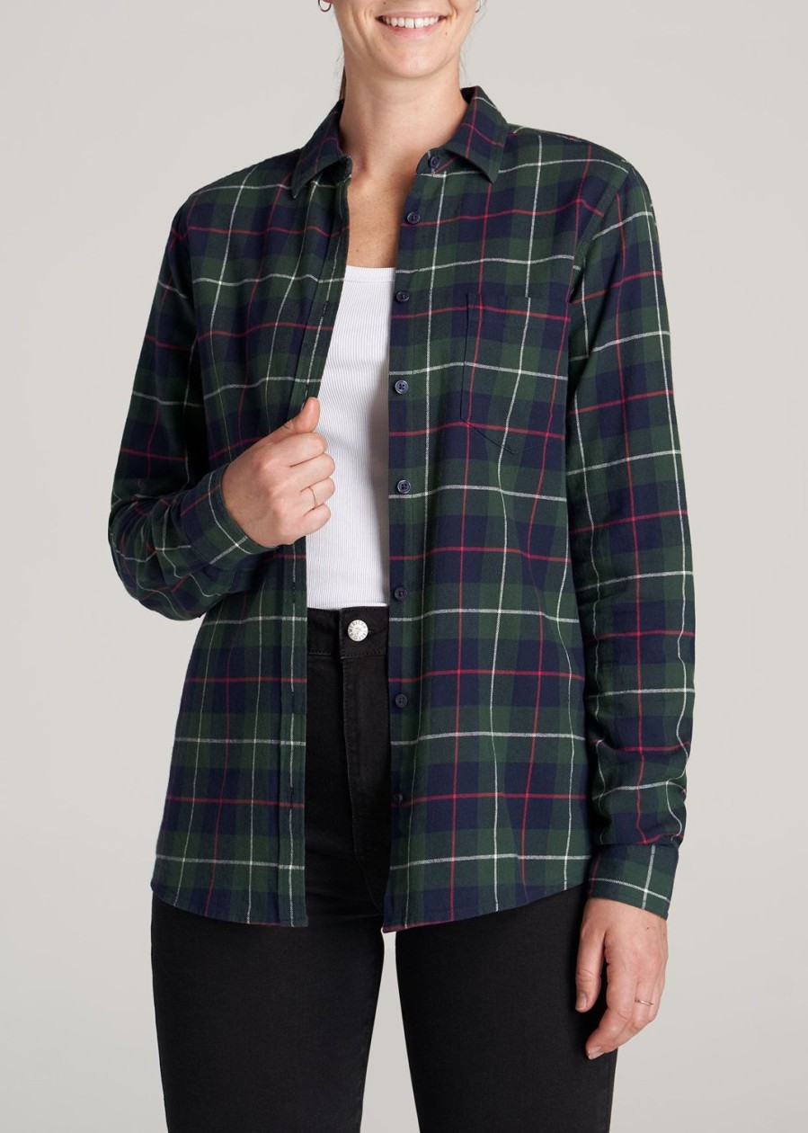 Women American Tall Shirts + Tops | Flannel Button-Up Shirt For Tall Women In Green & Blue Plaid