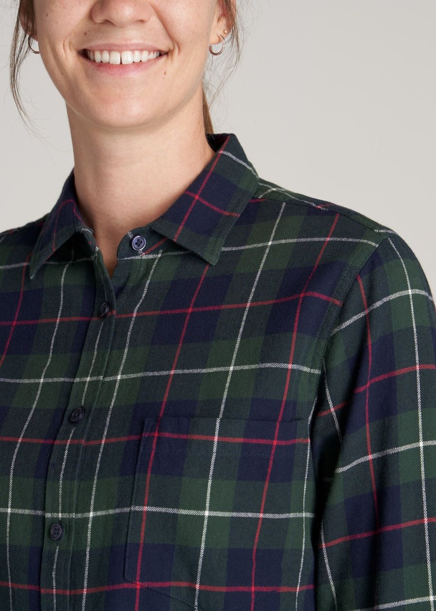 Women American Tall Shirts + Tops | Flannel Button-Up Shirt For Tall Women In Green & Blue Plaid