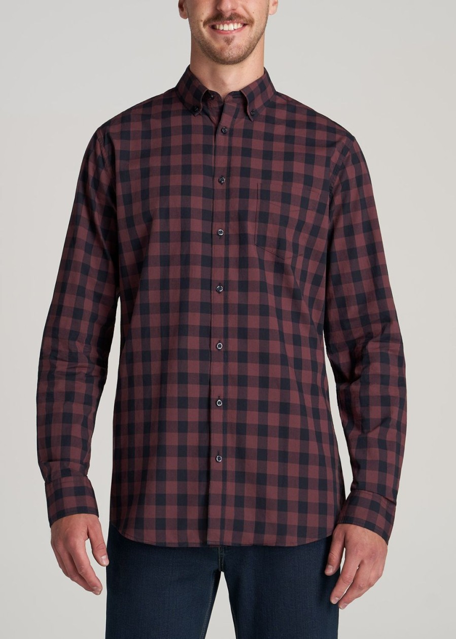 Men American Tall Button Shirts | Soft-Wash Button-Up Shirt For Tall Men In Navy & Maroon Check