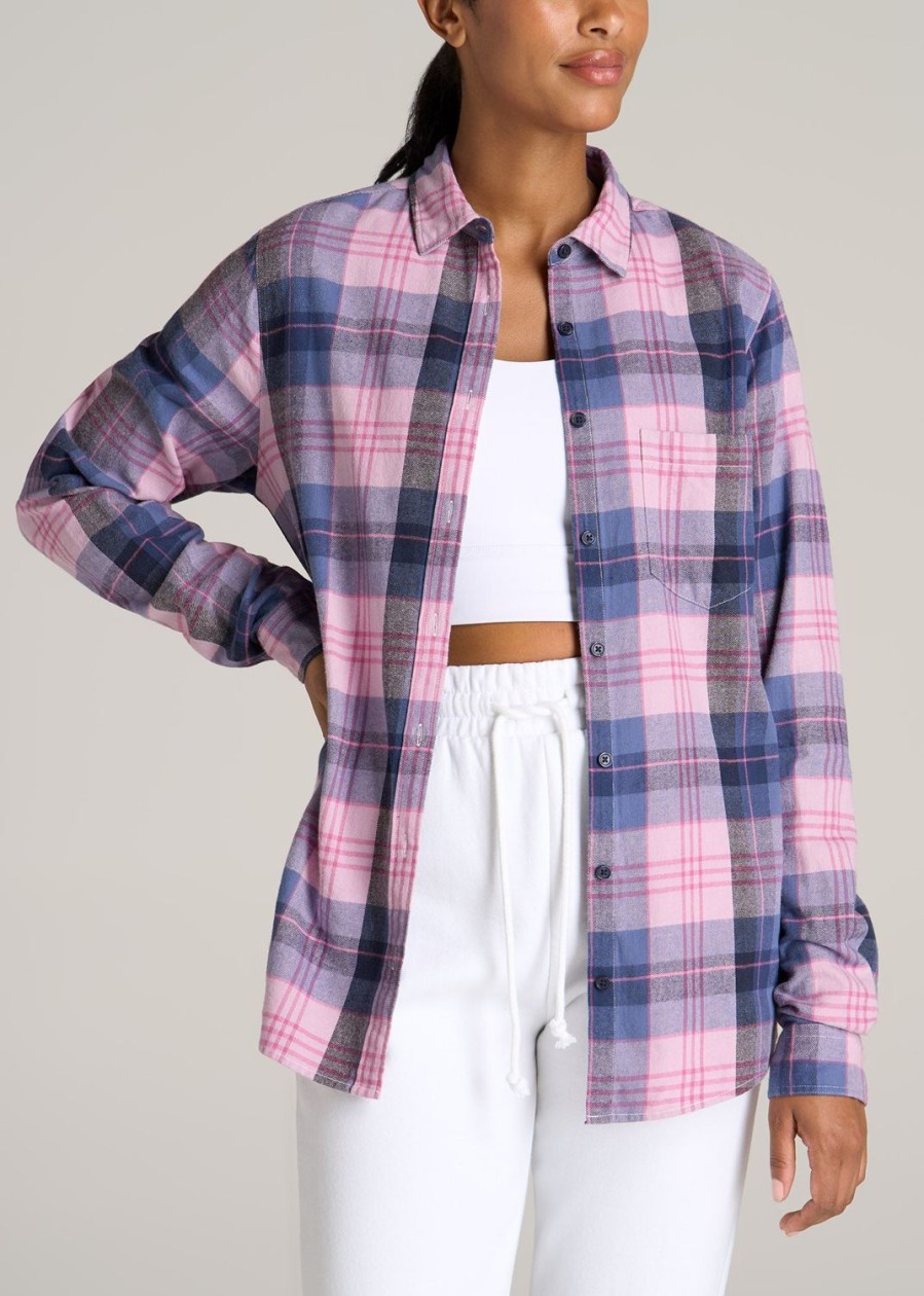 Women American Tall Shirts + Tops | Flannel Button-Up Shirt For Tall Women In Mauve And Blue Plaid