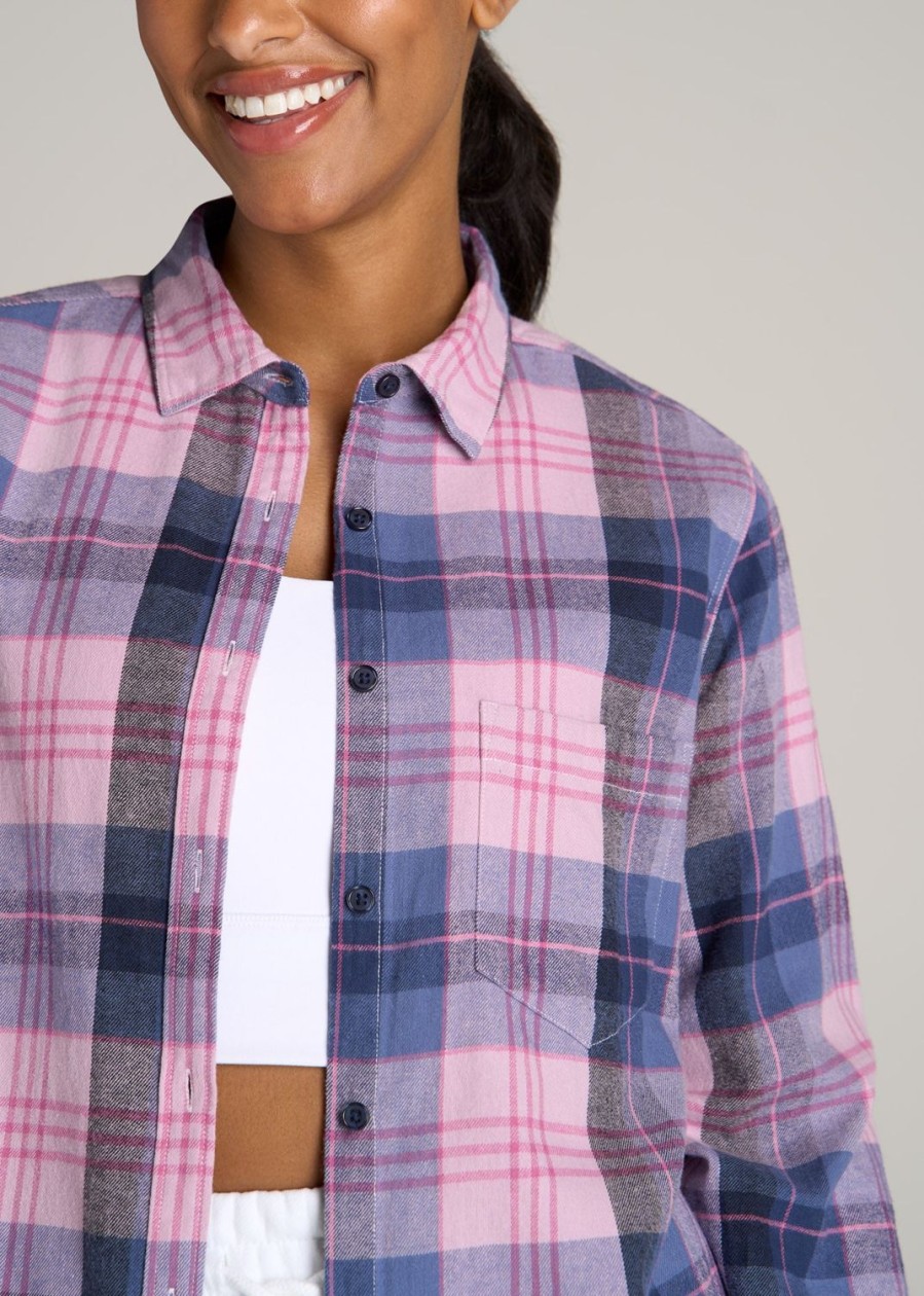 Women American Tall Shirts + Tops | Flannel Button-Up Shirt For Tall Women In Mauve And Blue Plaid