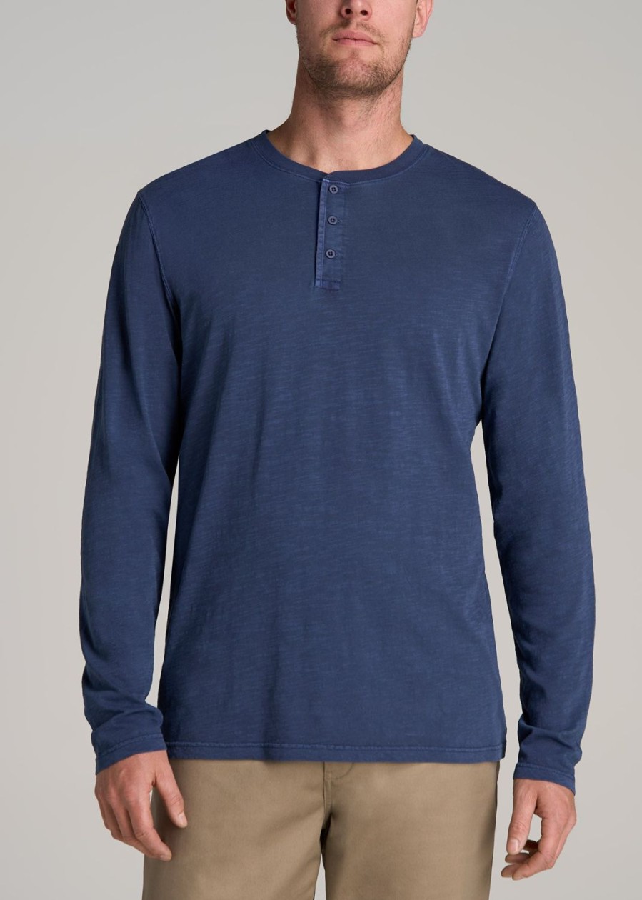 Men American Tall Long Sleeve Tees + Thermals | Lj&S Vintage Washed Slub Men'S Tall Henley Shirt In Vintage Blue