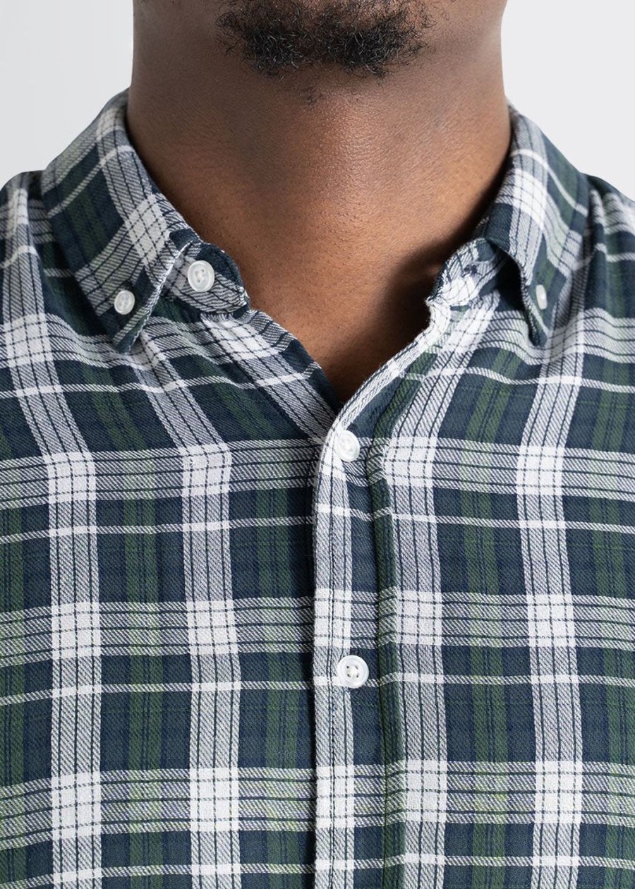 Men American Tall Button Shirts | Double-Weave Button-Up Shirt For Tall Men In Forest Green & White Plaid