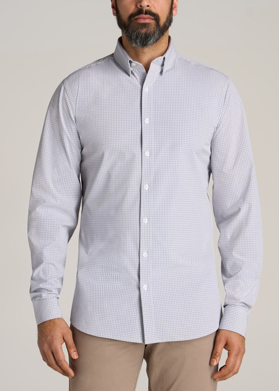 Men American Tall Button Shirts | Traveler Stretch Dress Shirt For Tall Men In Grey Mini Plaid