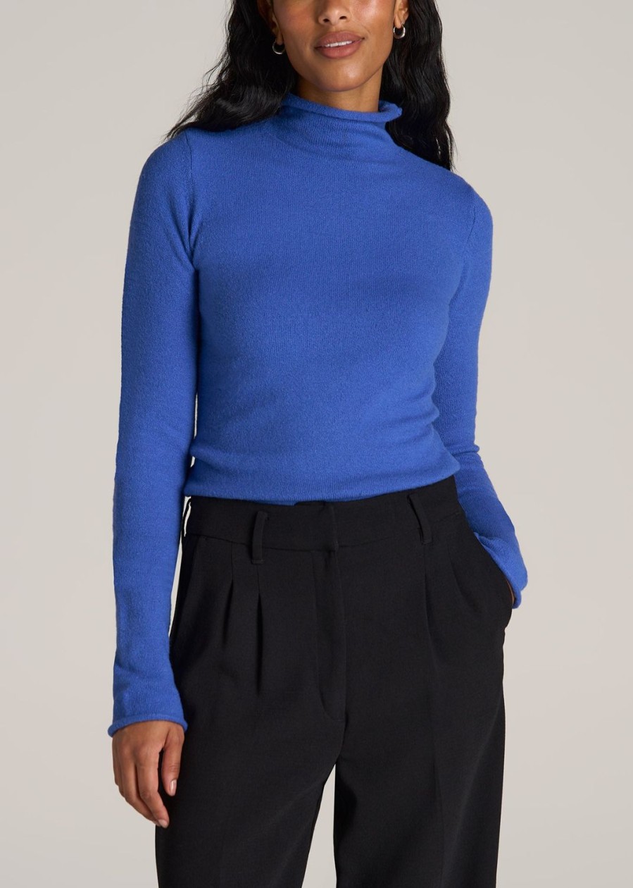 Women American Tall Sweaters | Women'S Tall Rolled Mock Neck Sweater In Light Cobalt