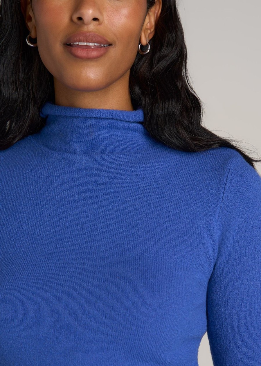 Women American Tall Sweaters | Women'S Tall Rolled Mock Neck Sweater In Light Cobalt