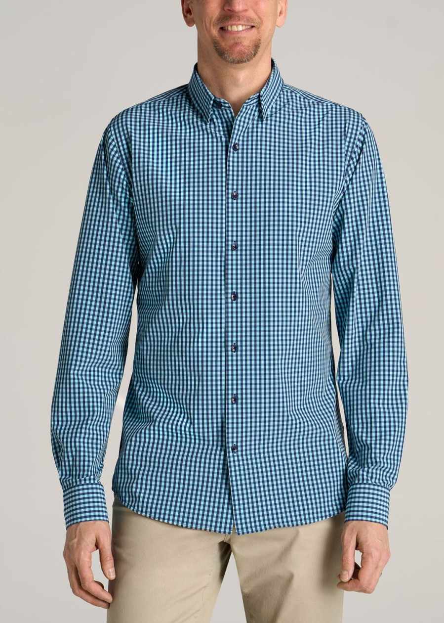 Men American Tall Button Shirts | Traveler Stretch Dress Shirt For Tall Men In Teal Gingham