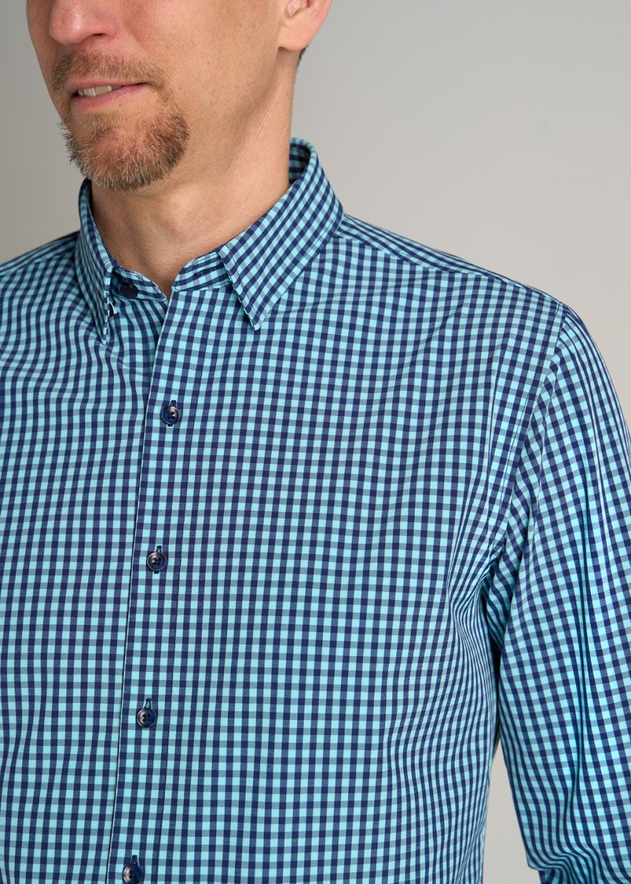 Men American Tall Button Shirts | Traveler Stretch Dress Shirt For Tall Men In Teal Gingham