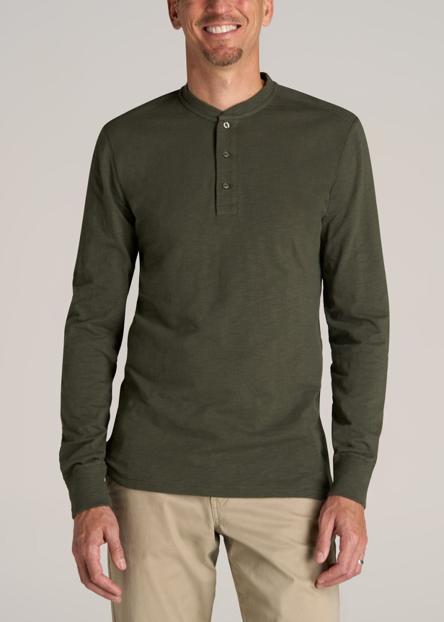 Men American Tall Long Sleeve Tees + Thermals | Long Sleeve Slub Henley Shirt For Tall Men In Dark Olive Green