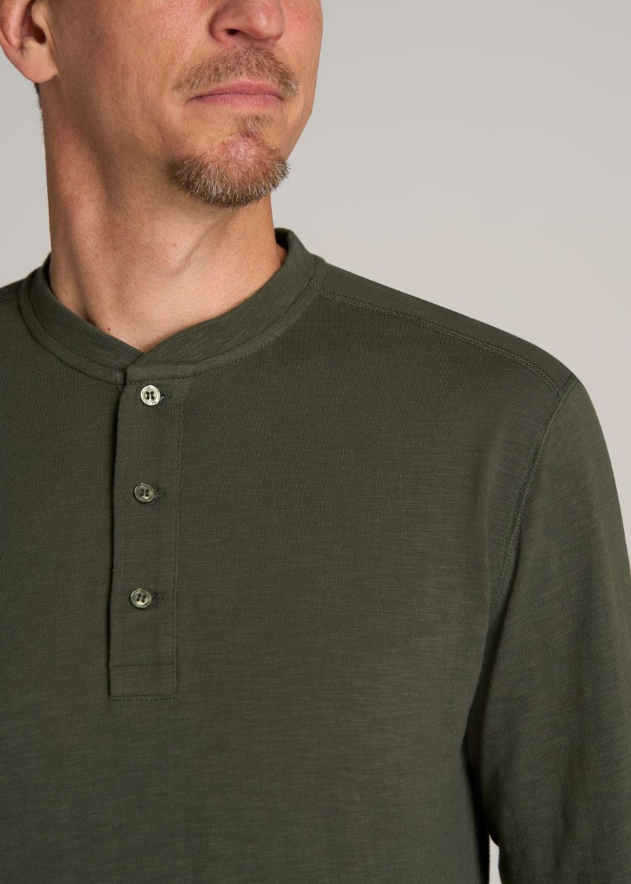 Men American Tall Long Sleeve Tees + Thermals | Long Sleeve Slub Henley Shirt For Tall Men In Dark Olive Green