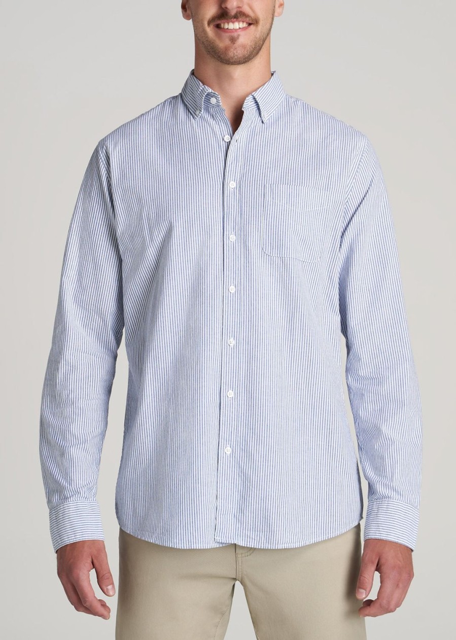 Men American Tall Button Shirts | Washed Oxford Shirt For Tall Men In Blue Banker Stripe