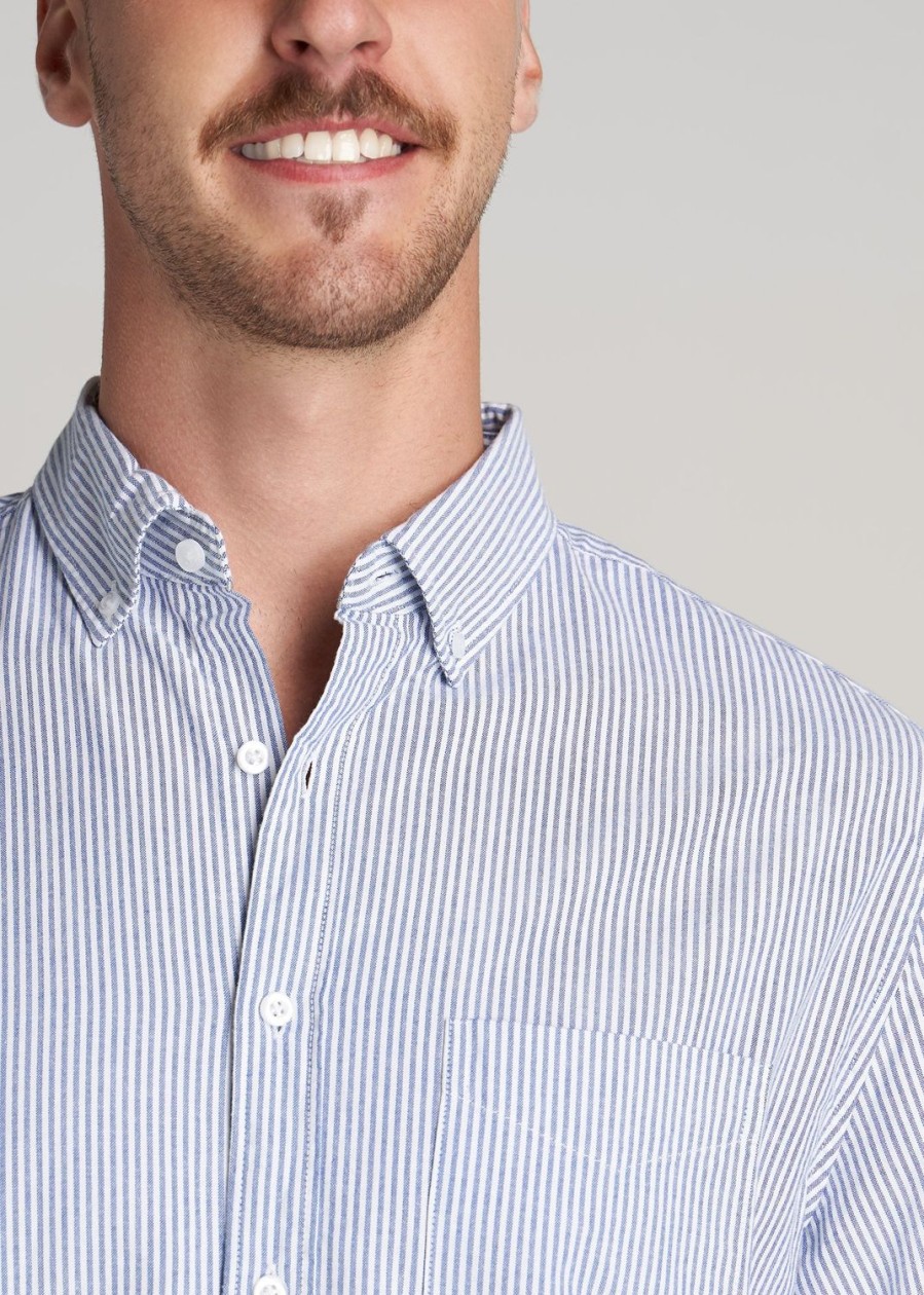 Men American Tall Button Shirts | Washed Oxford Shirt For Tall Men In Blue Banker Stripe