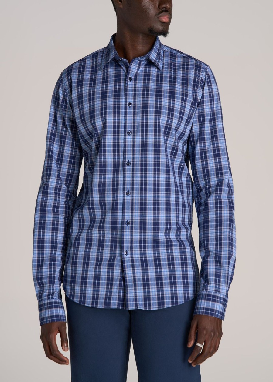 Men American Tall Button Shirts | Oskar Button-Up Shirt For Tall Men In Navy Blue Plaid