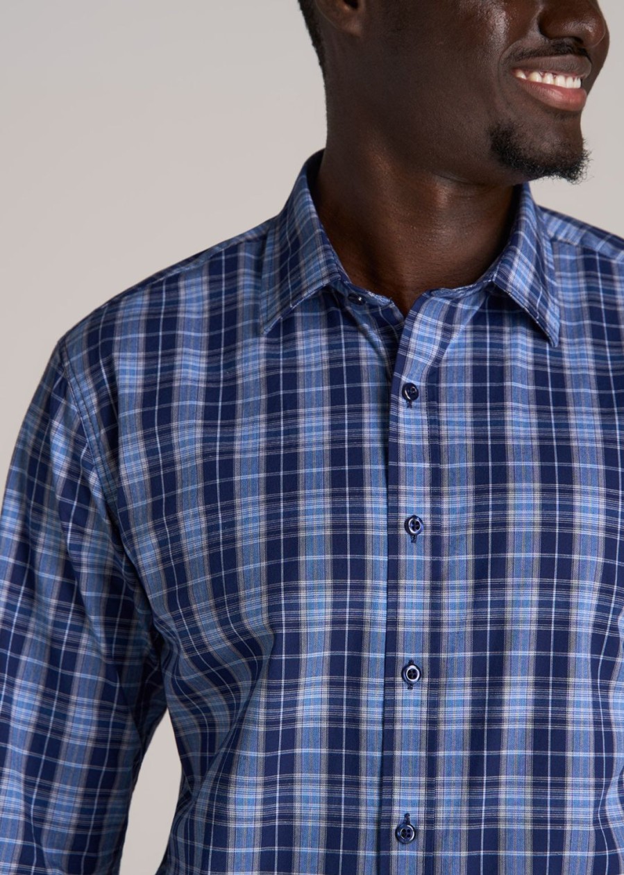 Men American Tall Button Shirts | Oskar Button-Up Shirt For Tall Men In Navy Blue Plaid