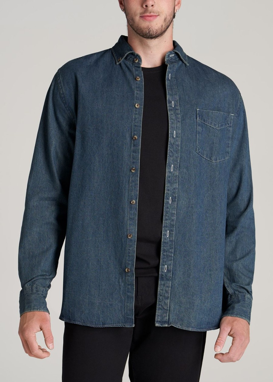 Men American Tall Button Shirts | Denim Button-Down Shirt For Tall Men In Mid West Blue