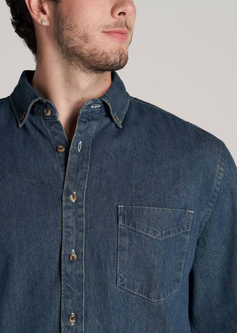 Men American Tall Button Shirts | Denim Button-Down Shirt For Tall Men In Mid West Blue