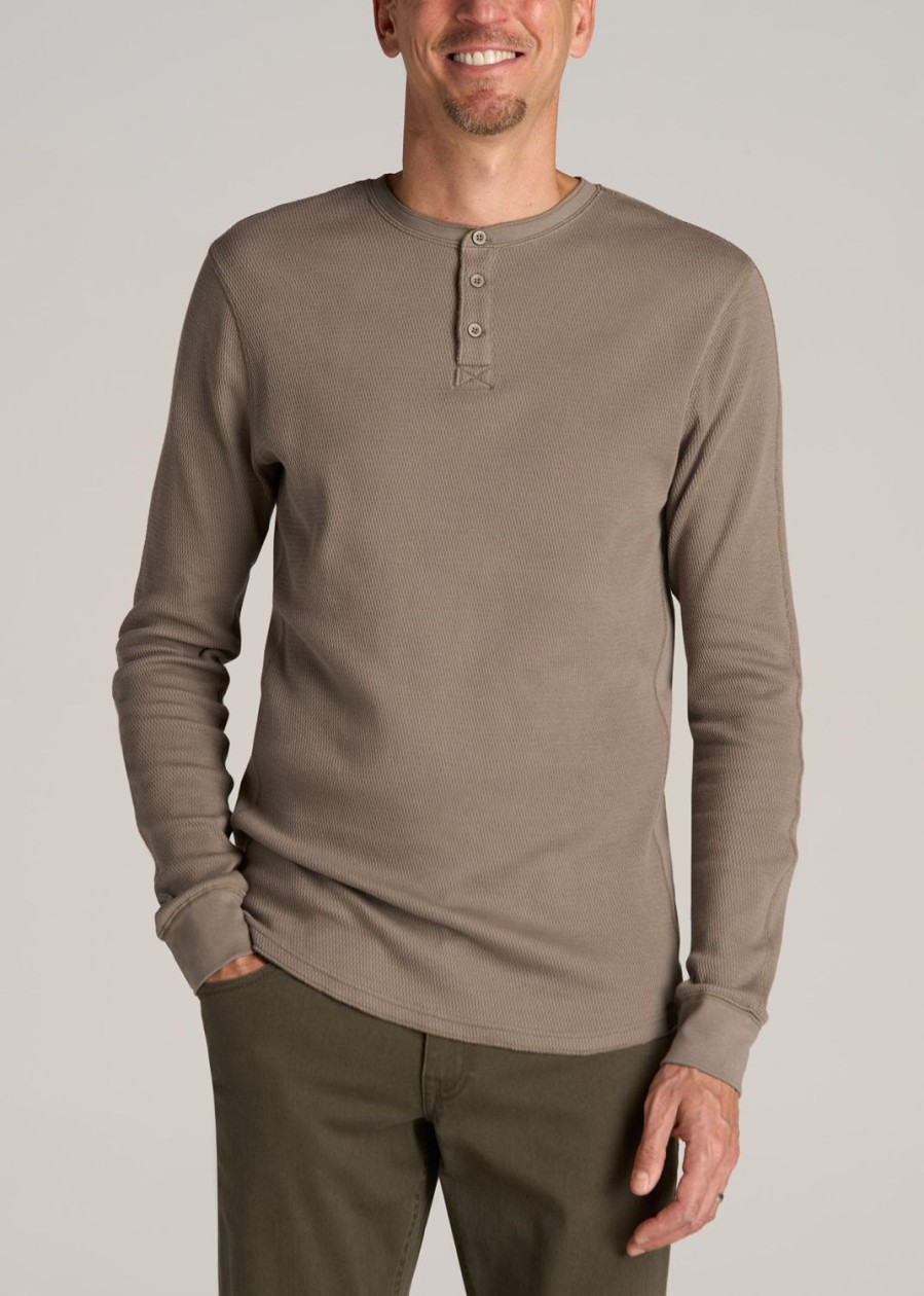 Men American Tall Long Sleeve Tees + Thermals | Double Honeycomb Thermal Long-Sleeve Henley Shirt For Tall Men In Dark Sand