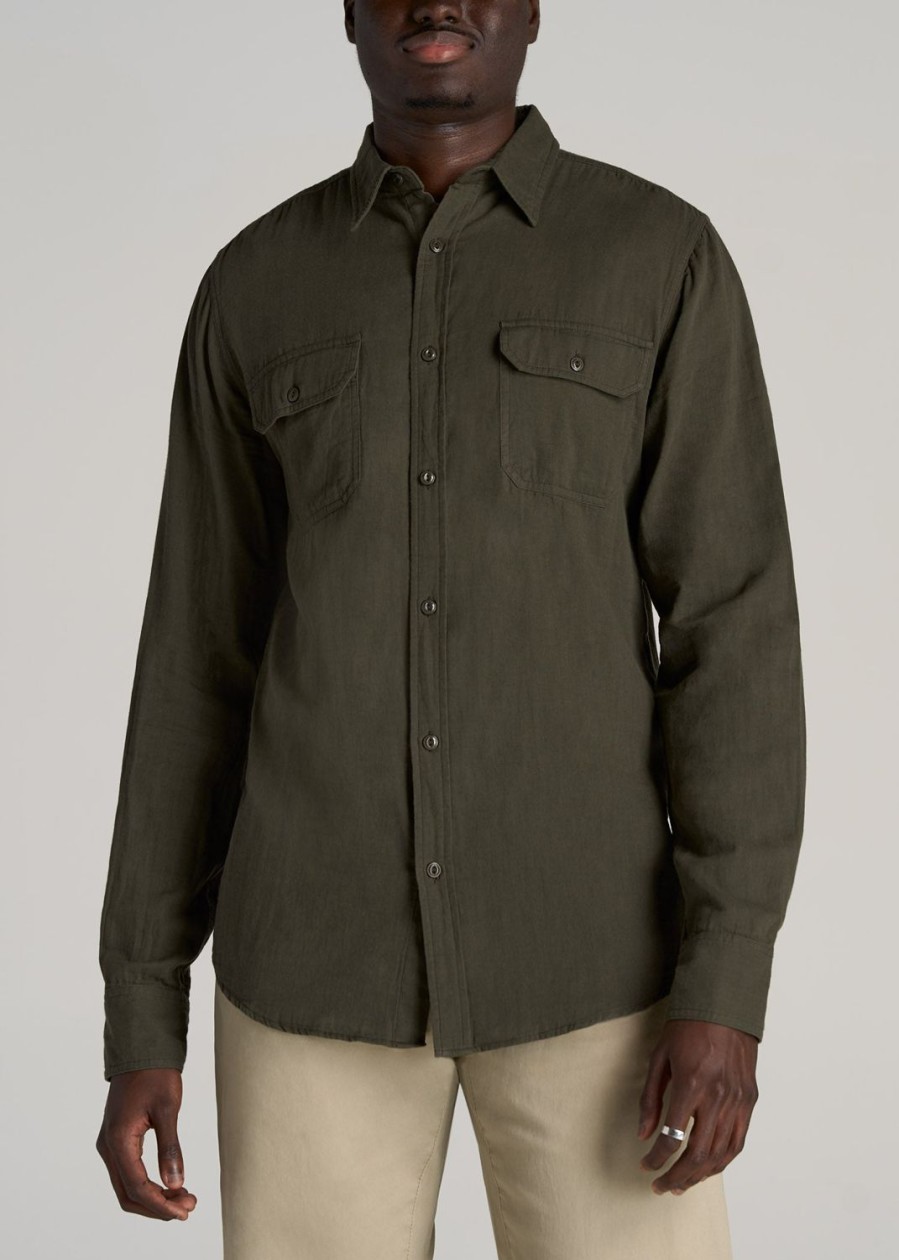 Men American Tall Button Shirts | Lj&S Double Weave Shirt For Tall Men In Vintage Thyme Green