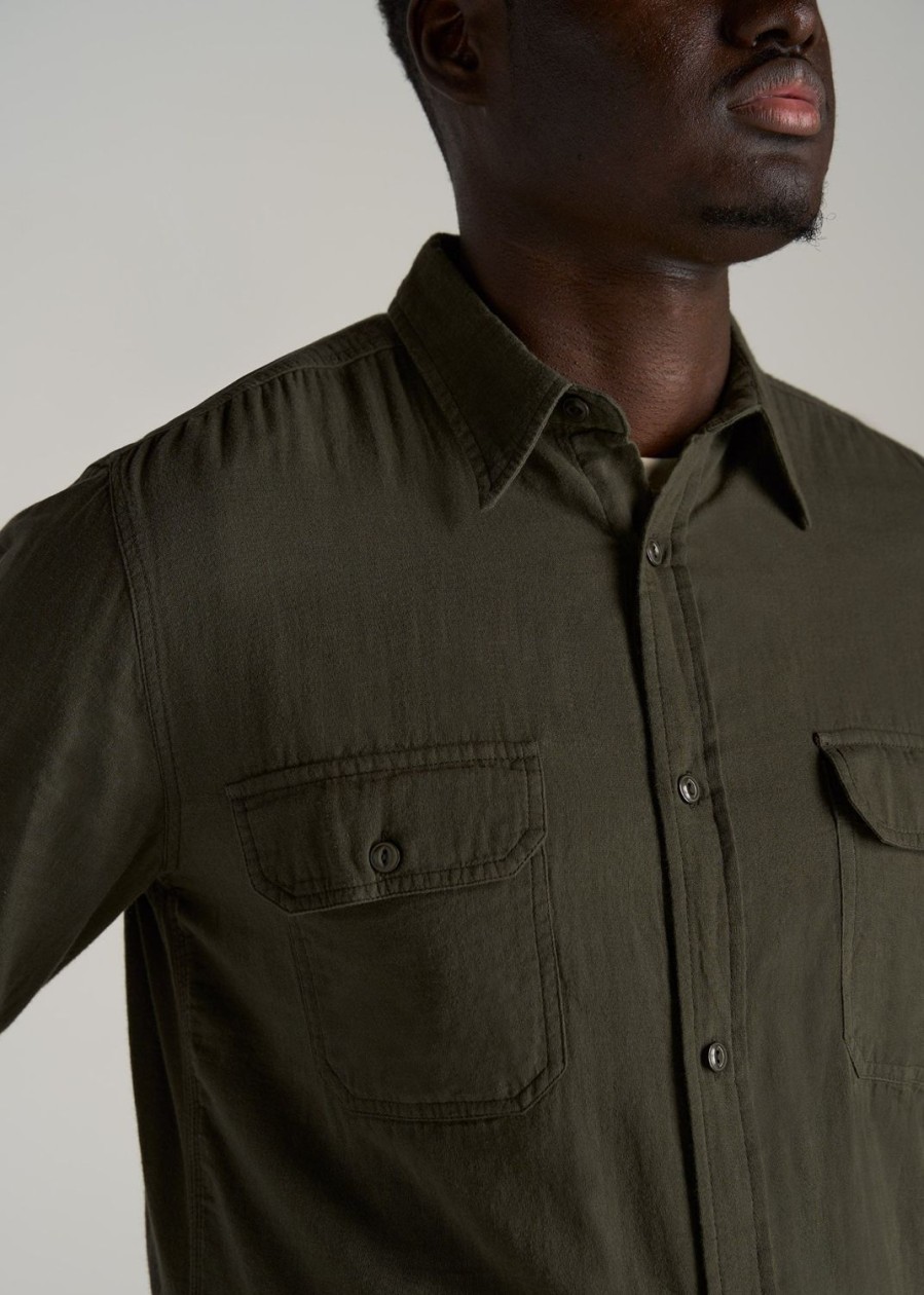 Men American Tall Button Shirts | Lj&S Double Weave Shirt For Tall Men In Vintage Thyme Green