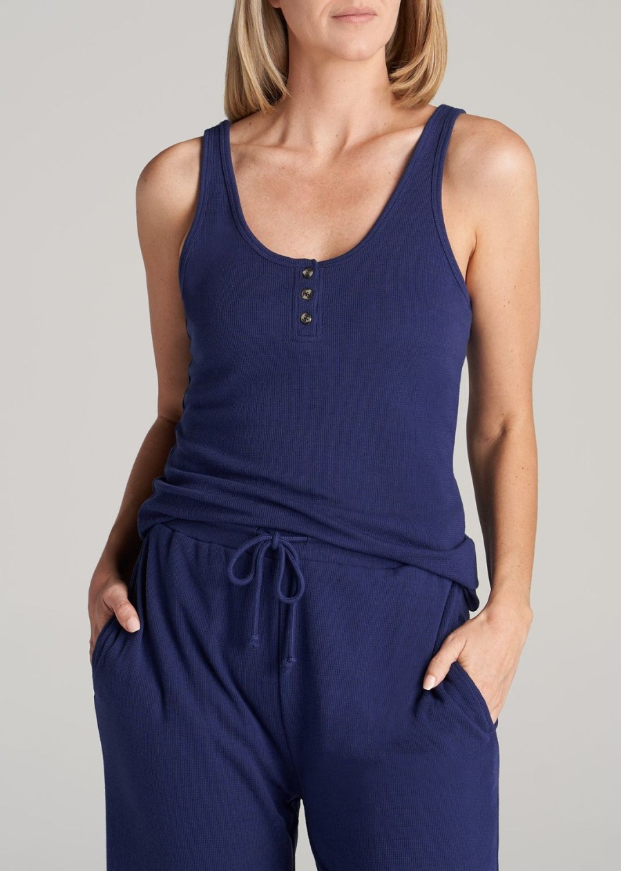 Women American Tall Tees, Tanks + Bodysuits | Waffle Tank Top For Tall Women In Midnight Blue