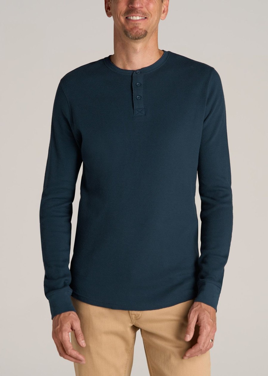 Men American Tall Long Sleeve Tees + Thermals | Double Honeycomb Thermal Long-Sleeve Henley Shirt For Tall Men In True Navy