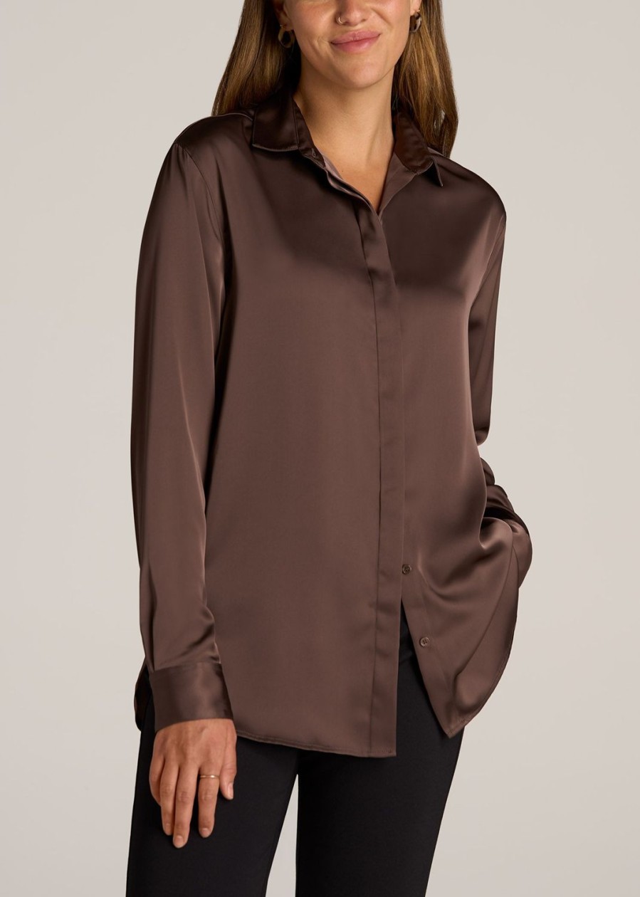 Women American Tall Shirts + Tops | Relaxed Button Up Tall Women'S Blouse In Chocolate Mocha