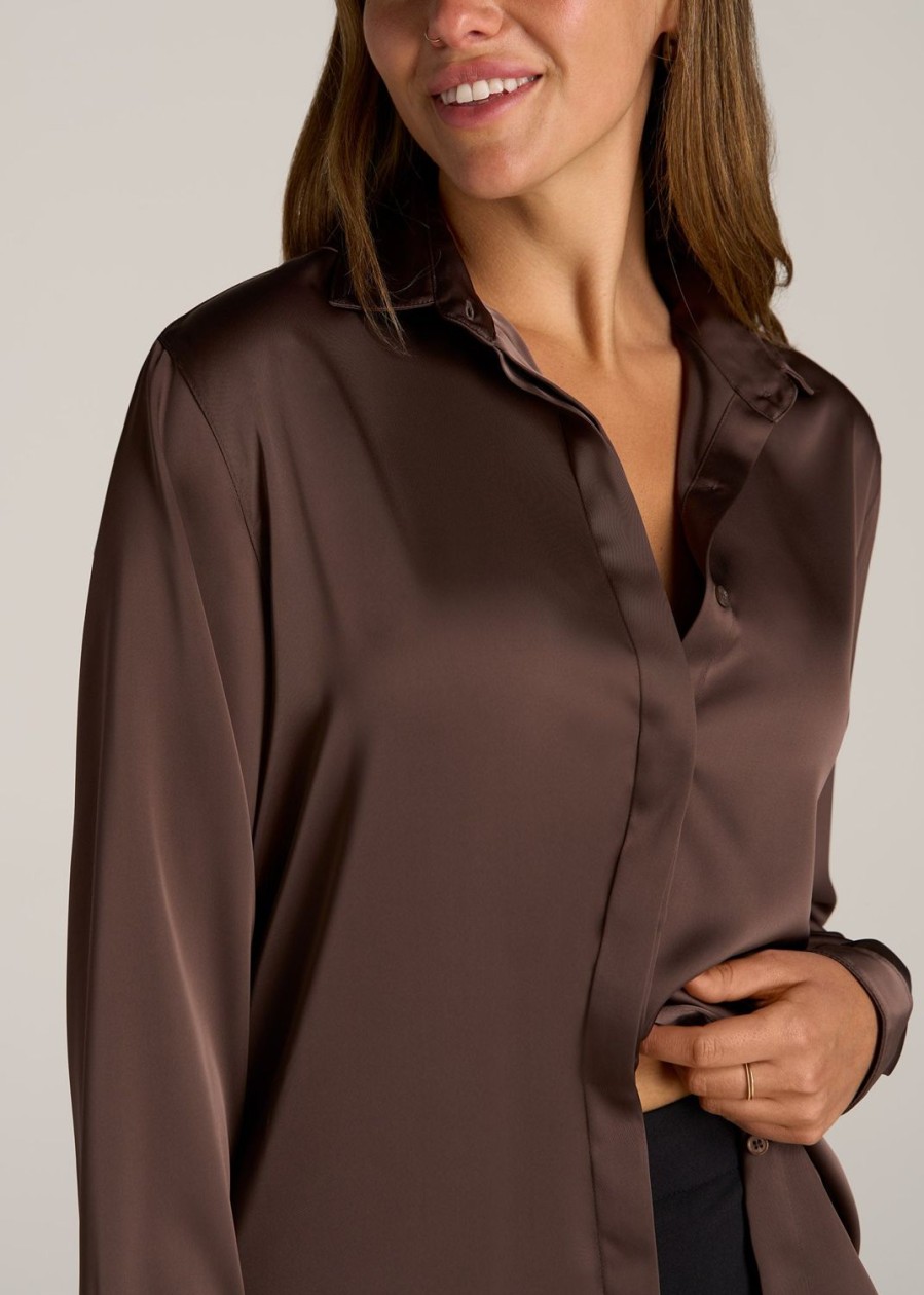 Women American Tall Shirts + Tops | Relaxed Button Up Tall Women'S Blouse In Chocolate Mocha