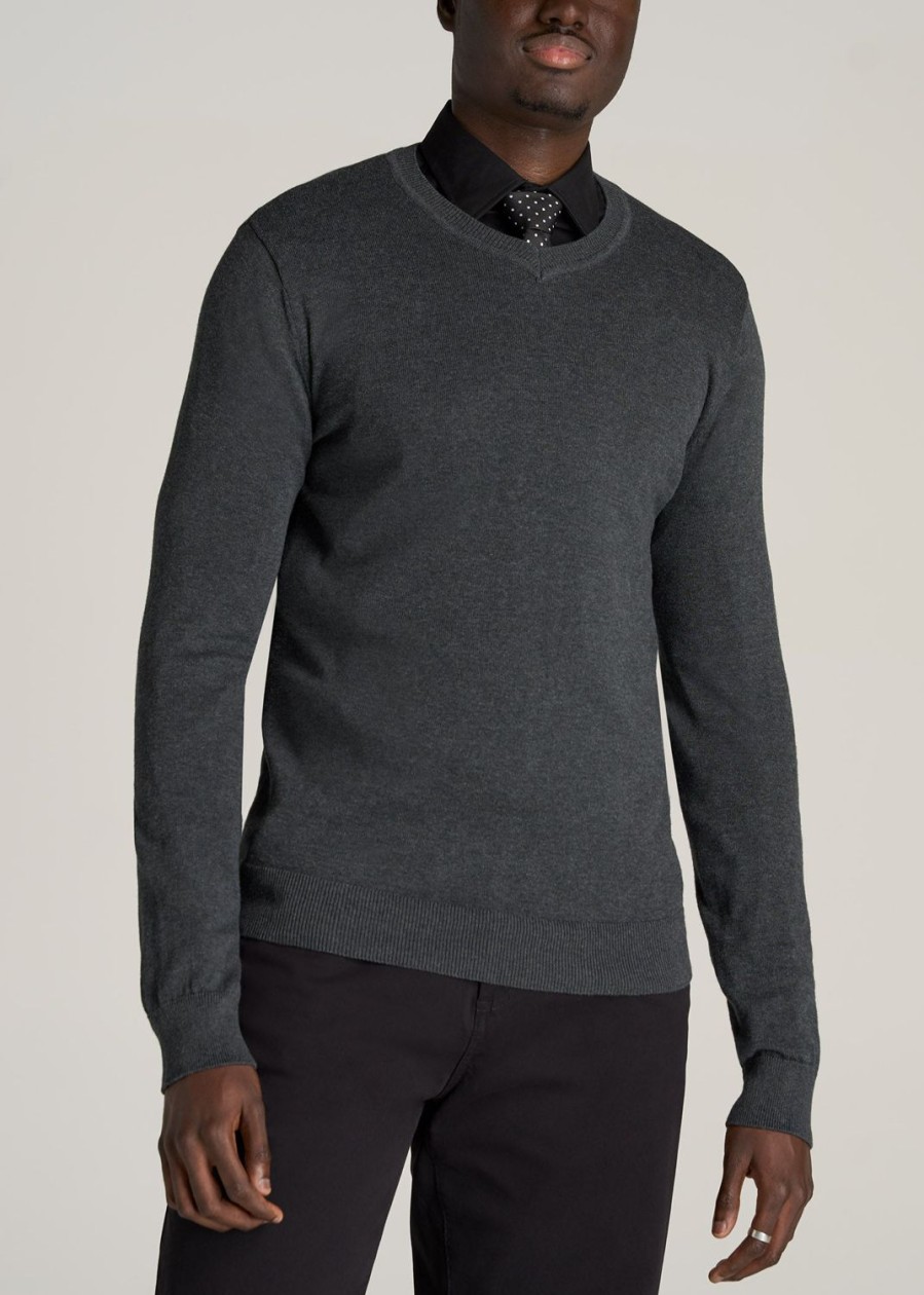 Men American Tall Hoodies + Sweatshirts | Everyday V-Neck Tall Men'S Sweater In Charcoal Mix