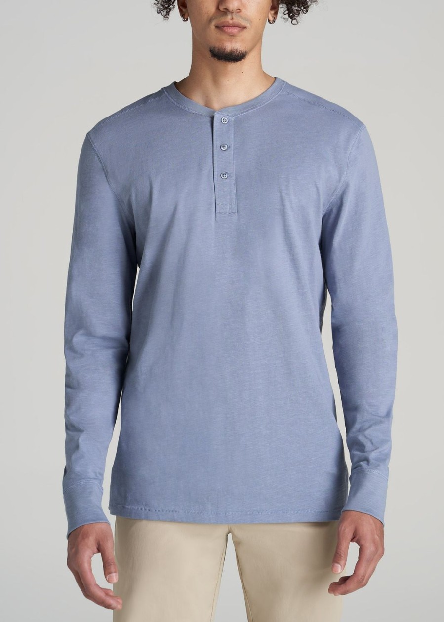 Men American Tall Long Sleeve Tees + Thermals | Men'S Tall Three Button Long Sleeve Slub Henley In Chambray