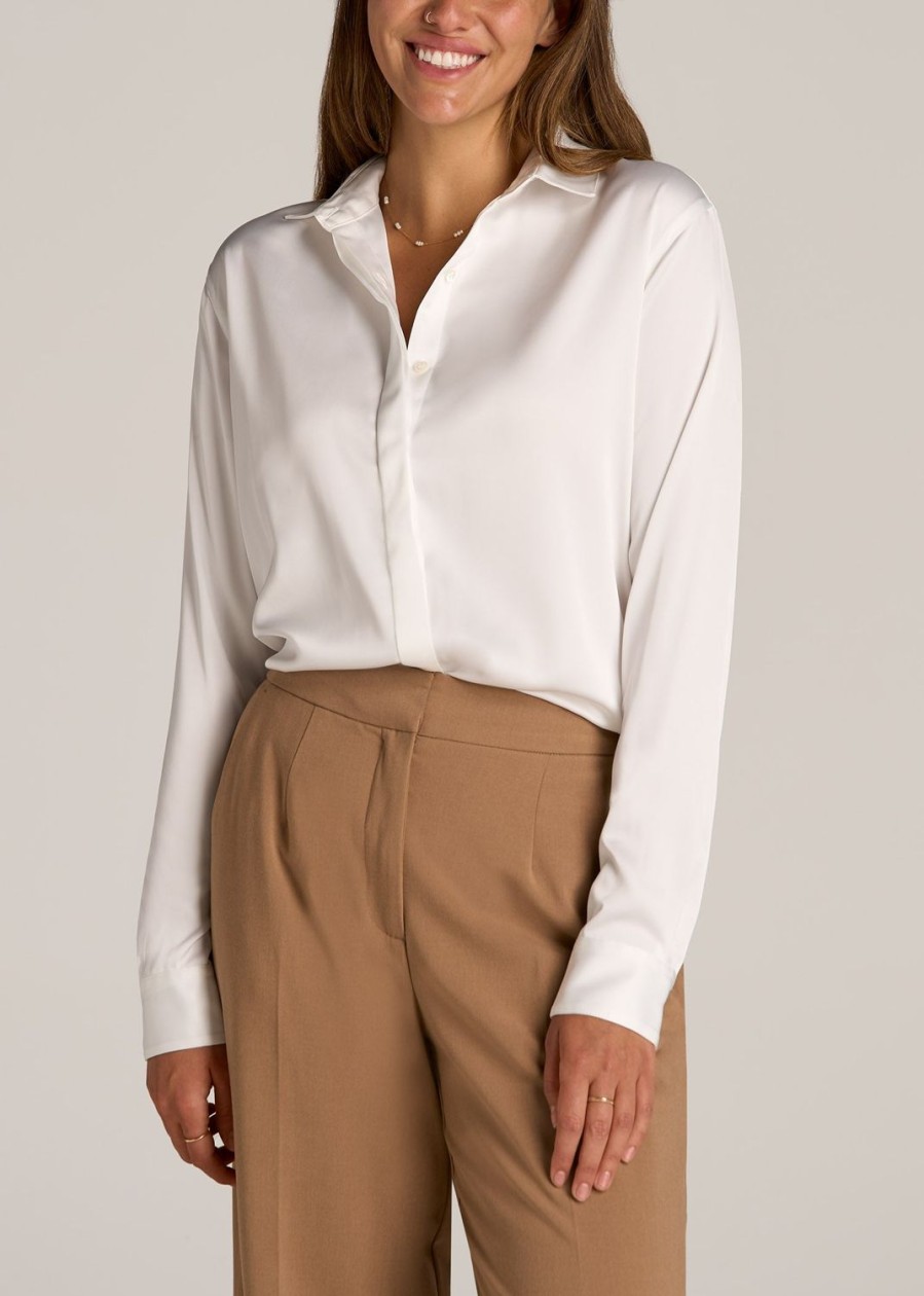 Women American Tall Shirts + Tops | Relaxed Button Up Tall Women'S Blouse In Pearl White