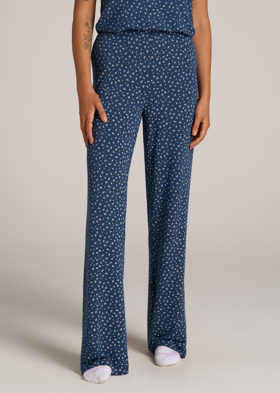 Women American Tall Athletic Pants | Wide Leg Women'S Tall Pajama Pants In Blue Ditsy Floral Print