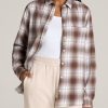 Women American Tall Shirts + Tops | Flannel Button-Up Shirt For Tall Women In Taupe And Grey