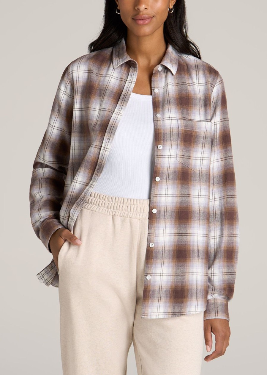 Women American Tall Shirts + Tops | Flannel Button-Up Shirt For Tall Women In Taupe And Grey