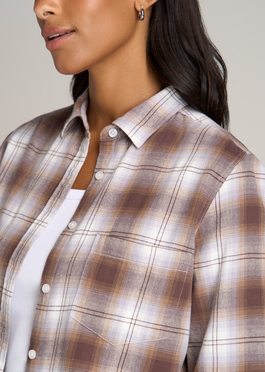 Women American Tall Shirts + Tops | Flannel Button-Up Shirt For Tall Women In Taupe And Grey