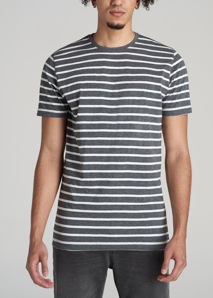 Men American Tall Tees + Tanks | Regular-Fit Striped Tee In Men'S Tall T-Shirt Charcoal Mix And White