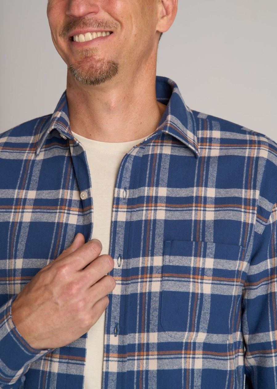 Men American Tall Button Shirts | Nelson Flannel Shirt For Tall Men In Navy And Khaki Plaid