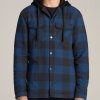 Men American Tall Jackets + Coats | Hooded Flannel Shirt Jacket For Tall Men In Black And Blue Check