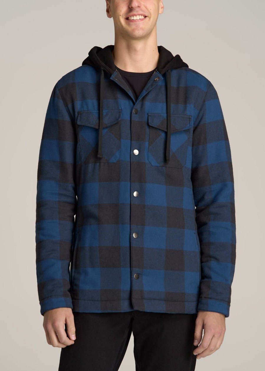 Men American Tall Jackets + Coats | Hooded Flannel Shirt Jacket For Tall Men In Black And Blue Check