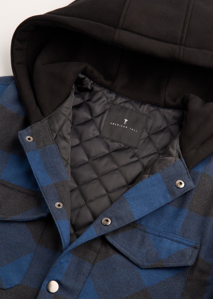 Men American Tall Jackets + Coats | Hooded Flannel Shirt Jacket For Tall Men In Black And Blue Check