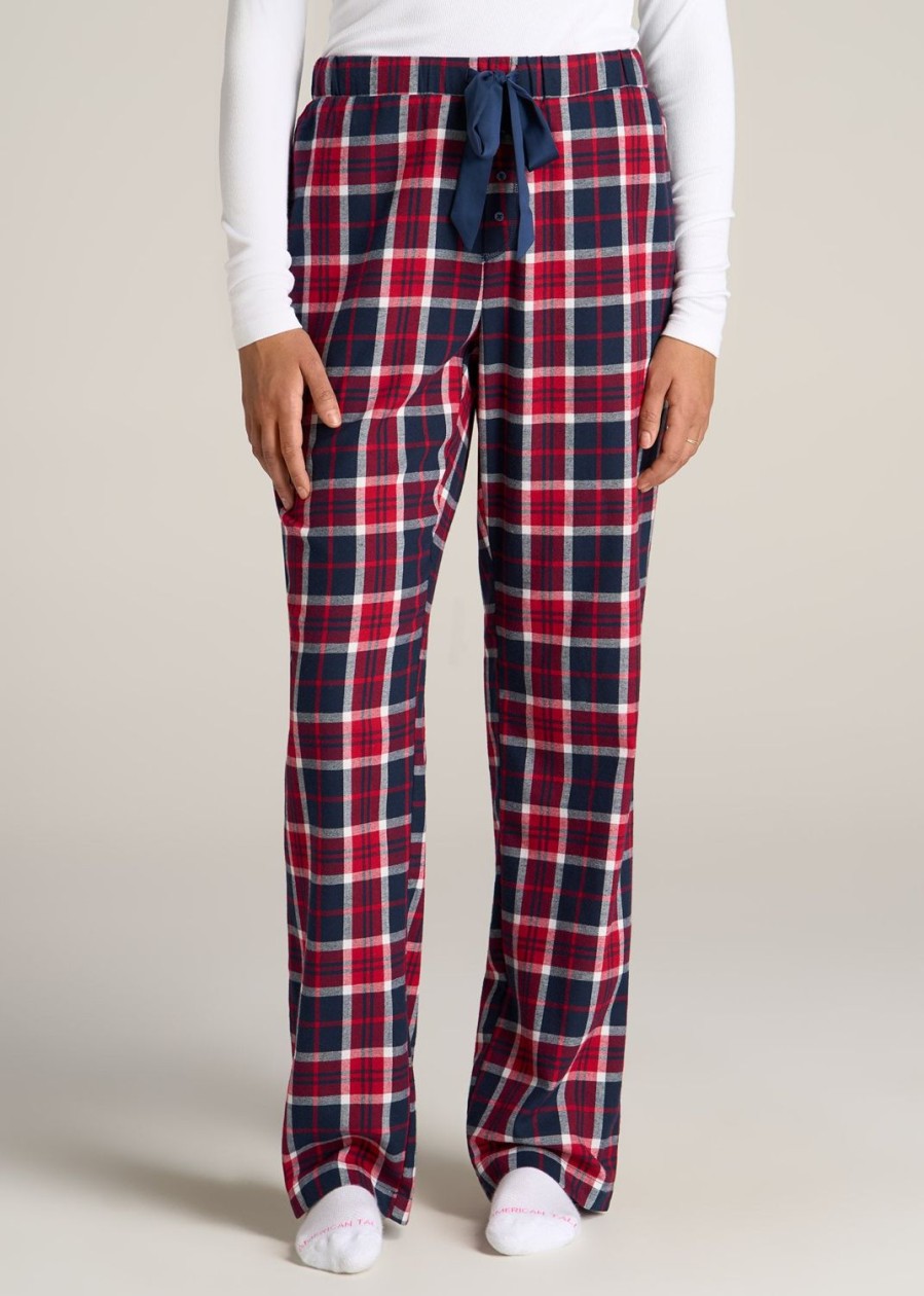 Women American Tall Athletic Pants | Open-Bottom Flannel Women'S Tall Pajama Pants In Apple Red And Navy Plaid